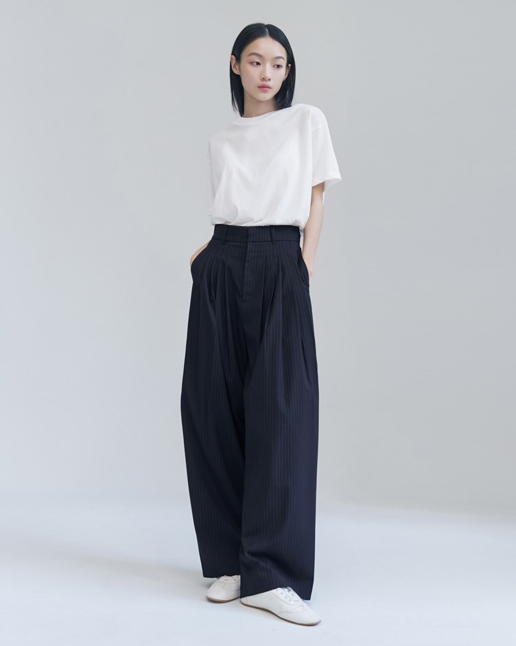 多褶繭型西裝條紋寬褲（小腹救星）