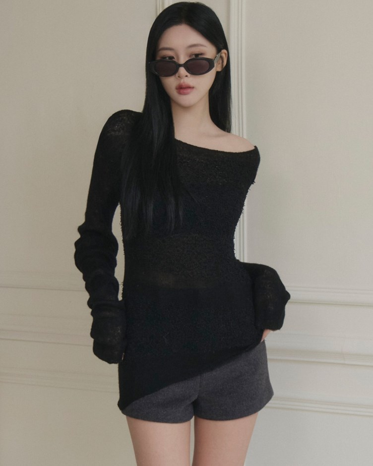 毛毛感拼接斜肩針織上衣