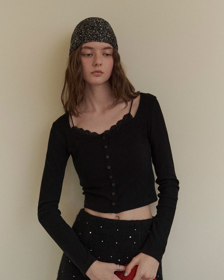 羊絨坑紋蕾絲排釦假兩件上衣