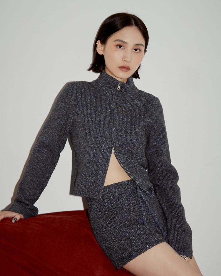 花紗高領雙拉鍊針織外套