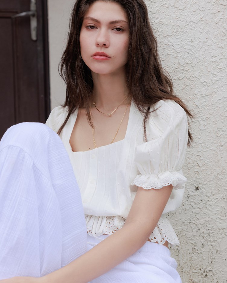 方領仿棉麻澎袖上衣