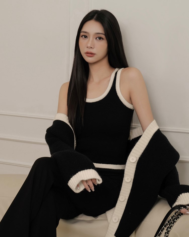 撞色削肩針織背心