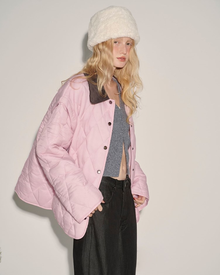 菱格衍縫可拆式翻領鋪棉外套