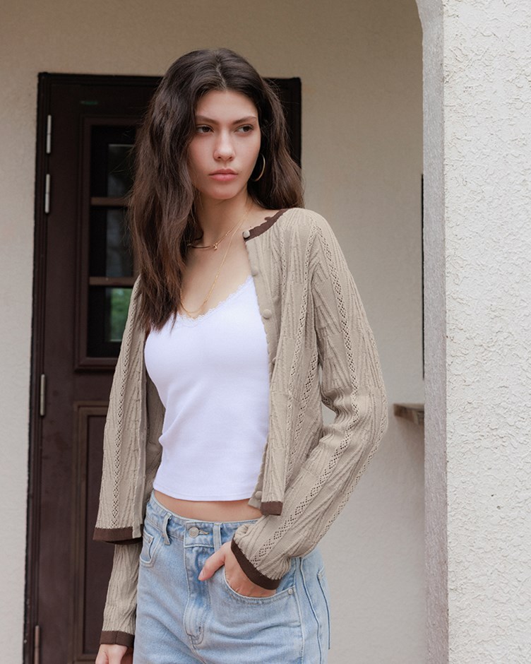 配色排釦紋路針織外套