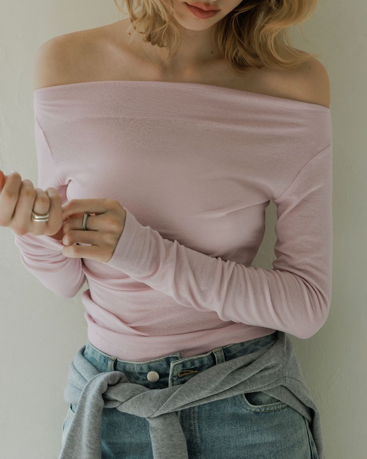 天絲亞麻輕柔斜肩長袖上衣