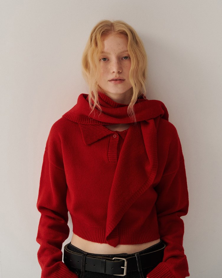 翻領開釦針織毛衣(上衣+三角巾)