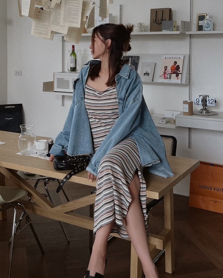 拼接彩色橫條紋長洋裝