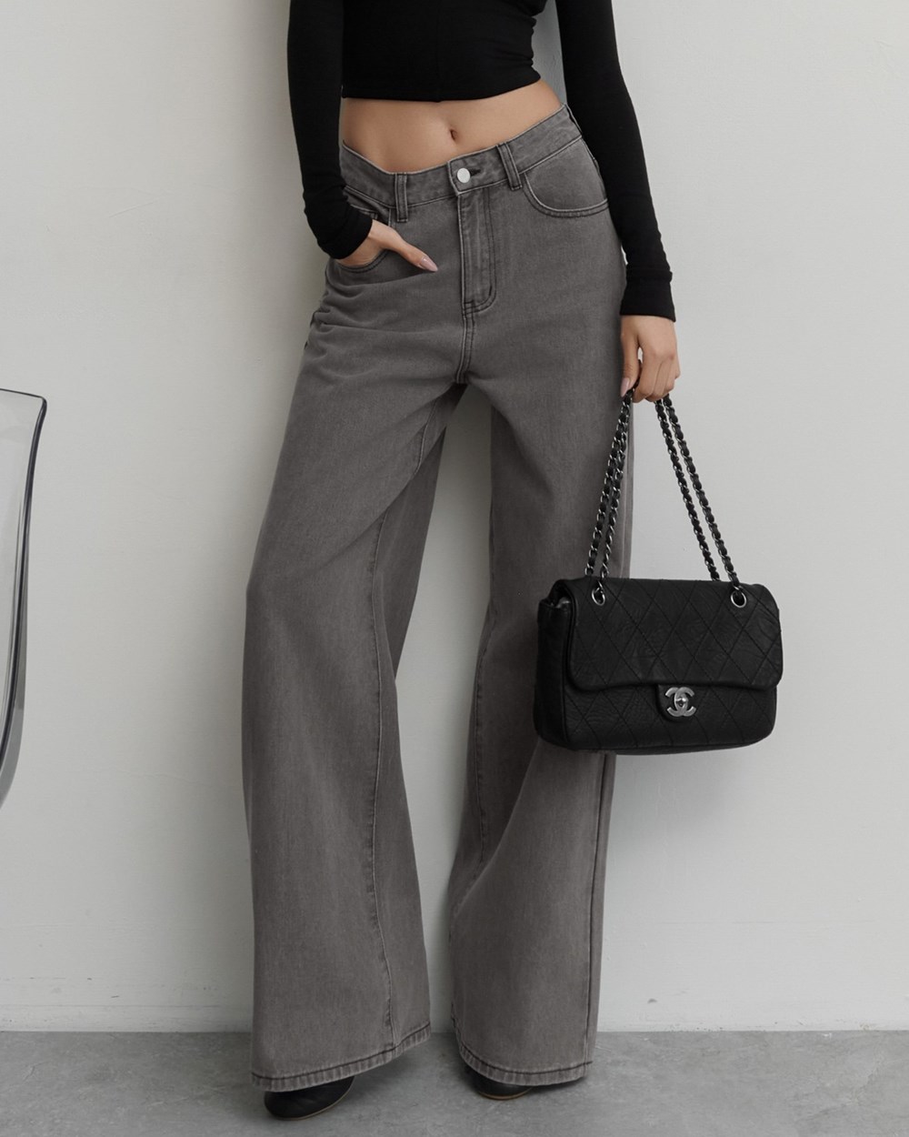 水洗灰中腰牛仔長褲