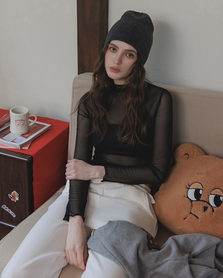 透膚網紗小立領長袖上衣