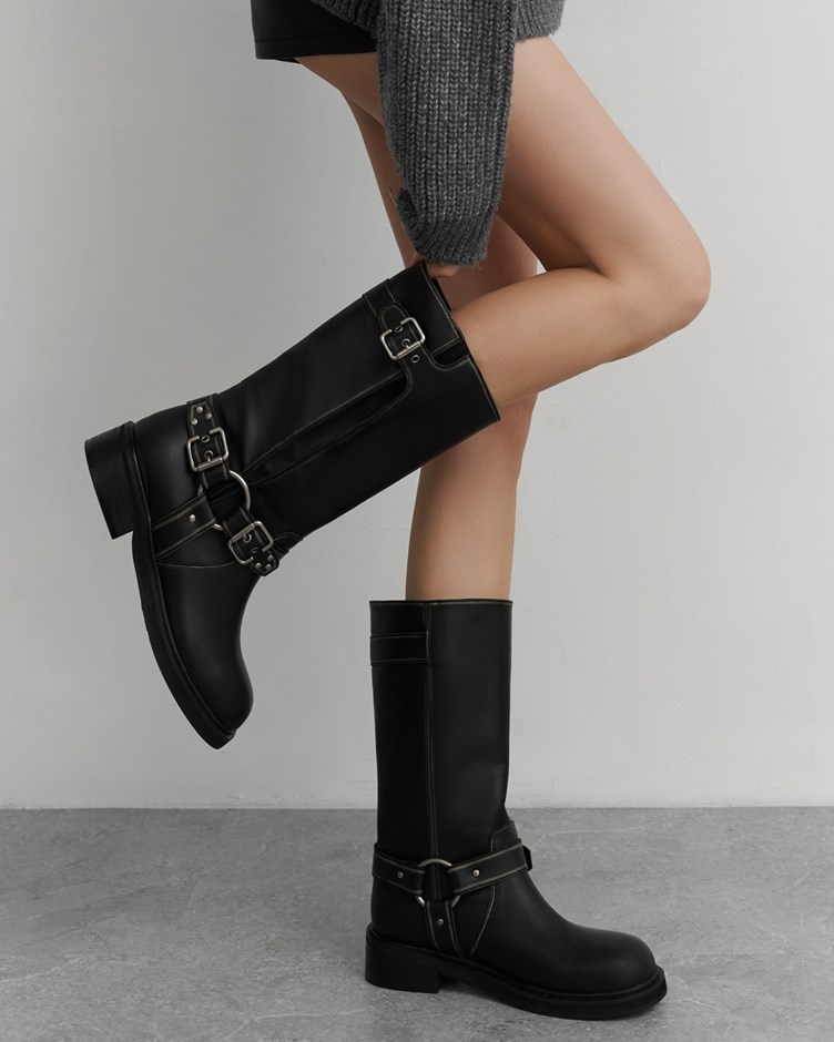 仿舊皮革金屬釦中筒靴