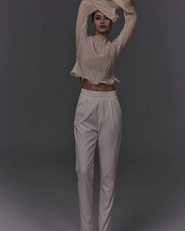 純棉靜奢坑條直筒西裝褲