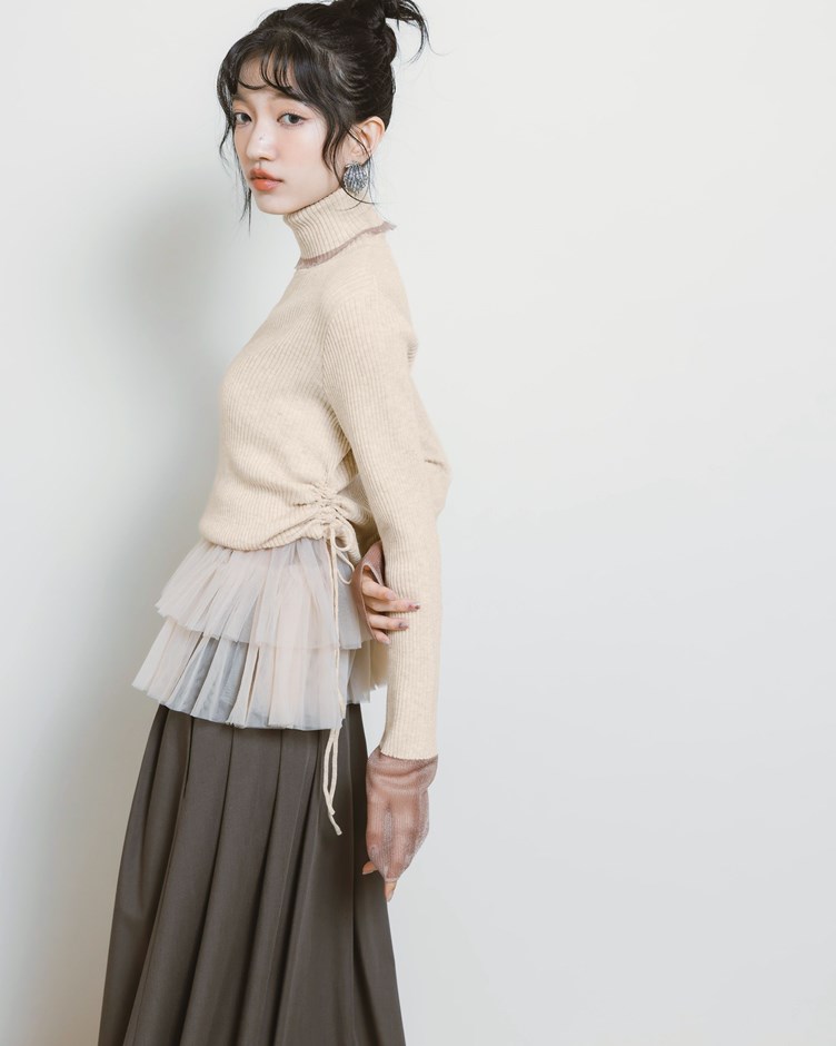 配色拼接高領針織上衣