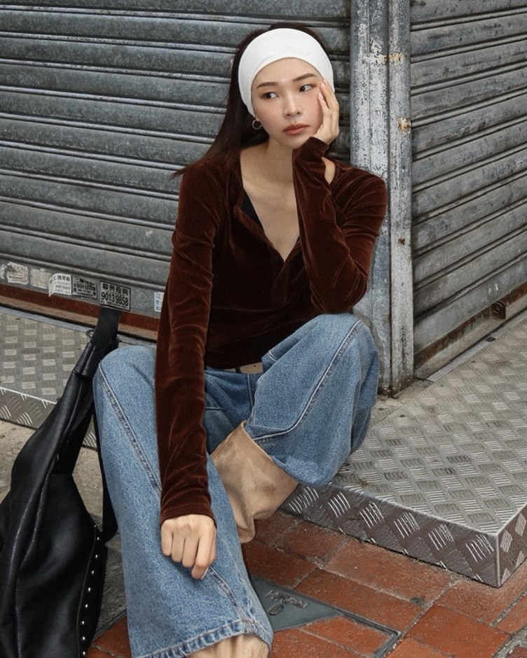 植絨網紗開釦長袖上衣