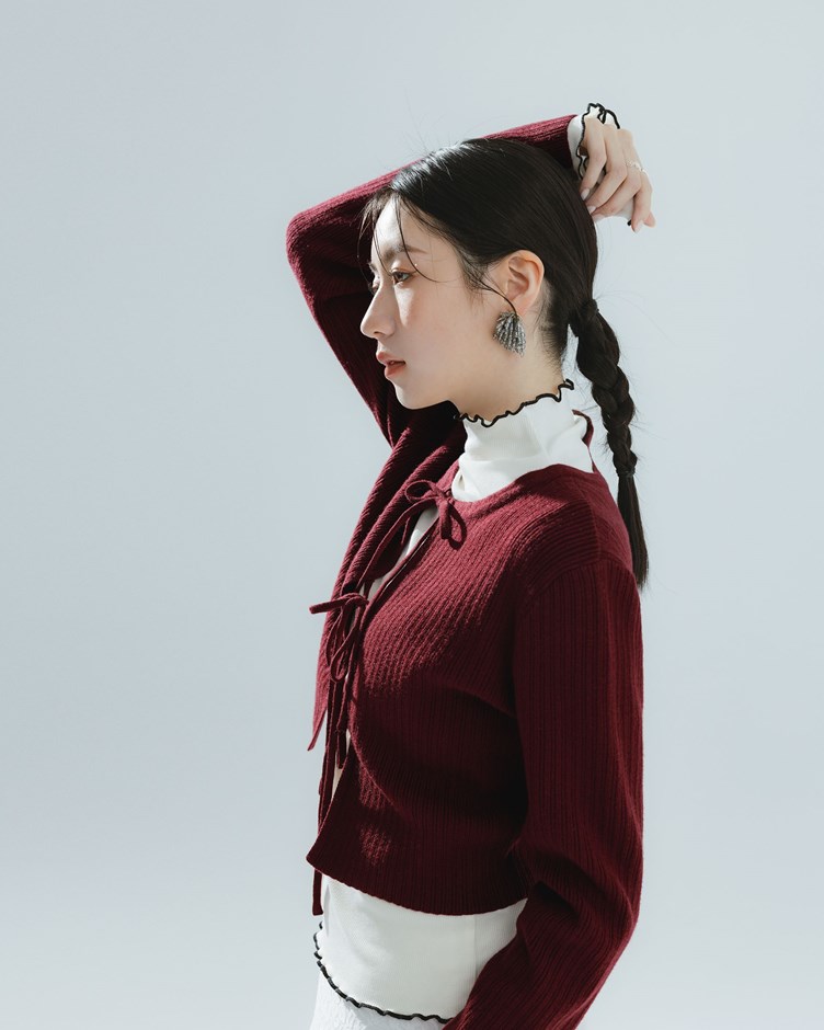 前開襟綁帶短版針織上衣