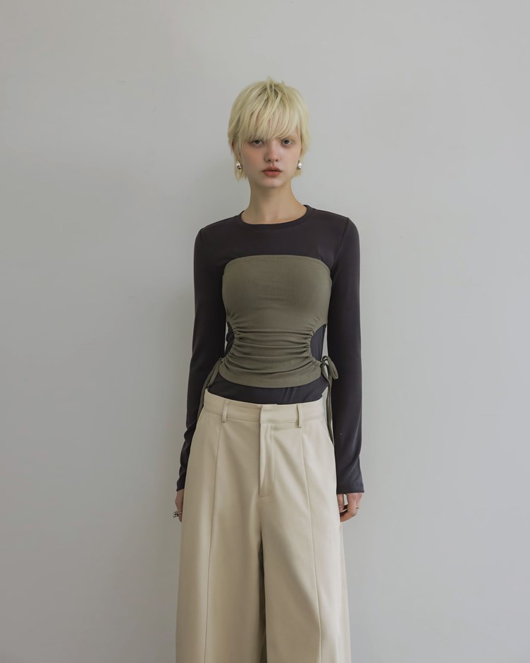 平口抽繩造型背心長袖上衣(兩件式)