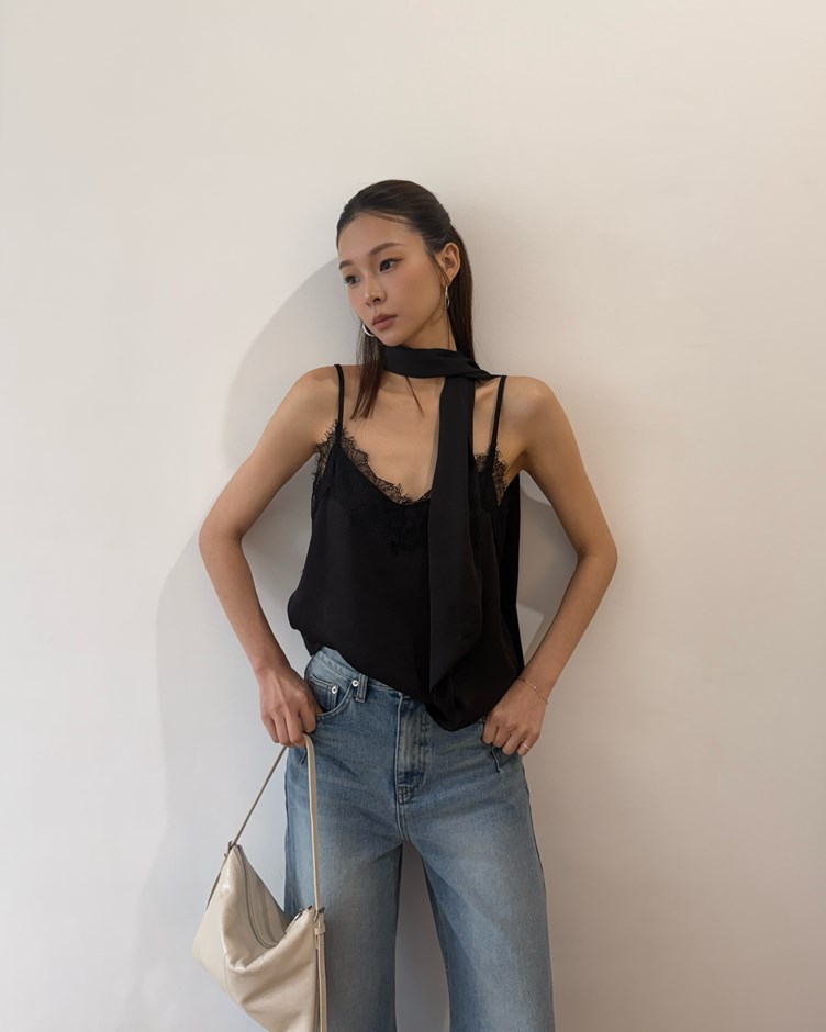 韓劇女主蕾絲細肩短版上衣(附領巾)