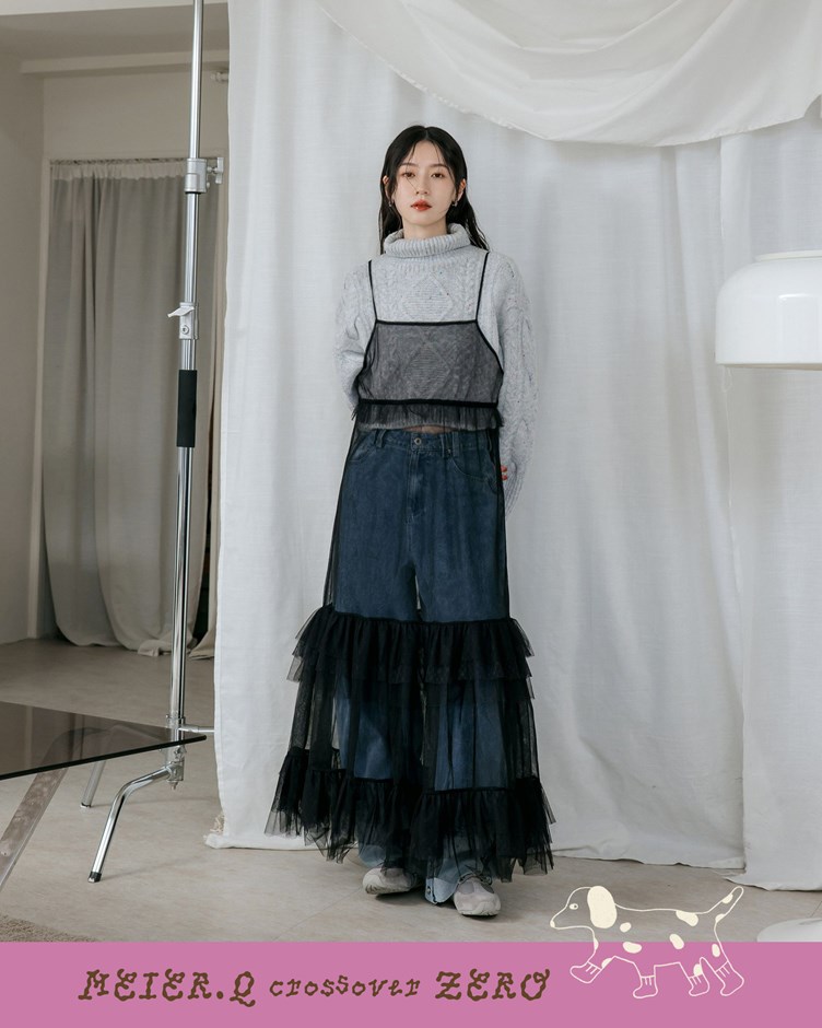 zero-層次荷葉拼接網紗洋裝