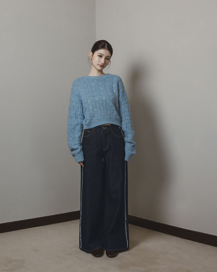 毛邊修身挺版牛仔寬褲