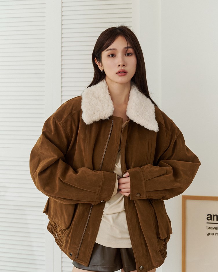 羊羔領麂皮工裝短版外套