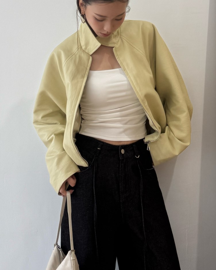 翻領拉鍊短版縮口皮衣外套