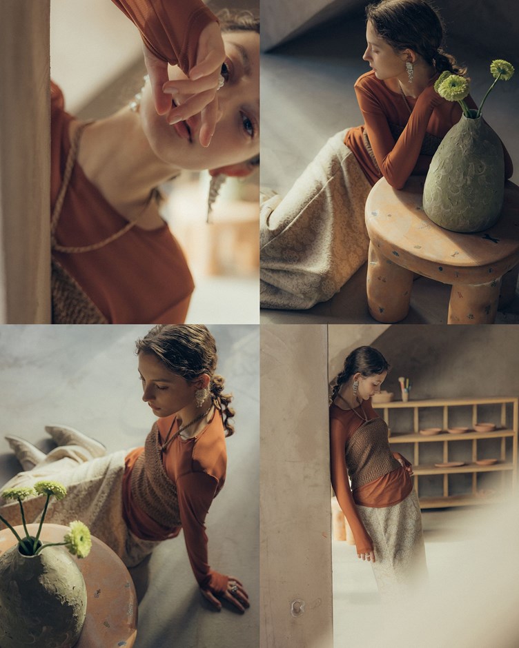 透膚圓領紗感套指長袖上衣