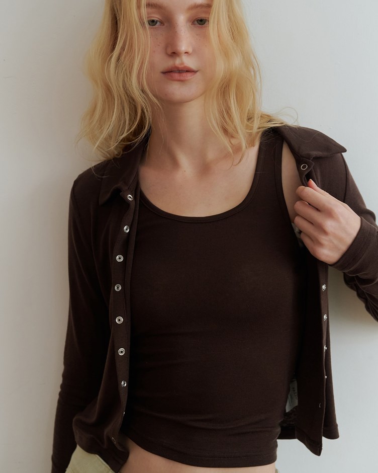 柔彈翻領排釦兩件式上衣 (上衣+背心)