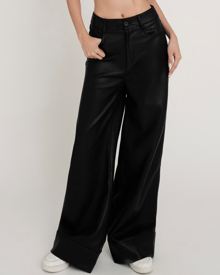 高腰皮革拼接大寬褲