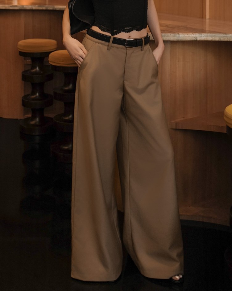 金棕高腰鉤釦直筒西裝寬褲