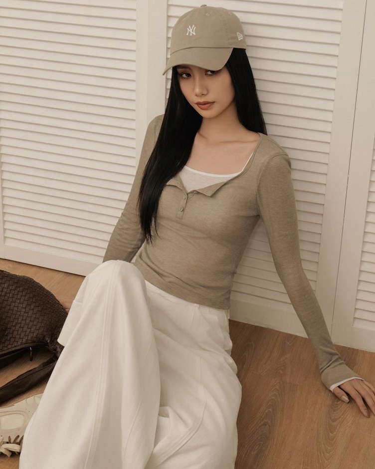 兩件式開釦坑條長袖上衣