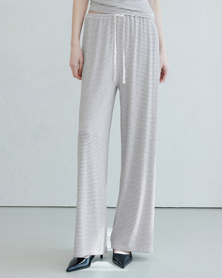 舒適條紋綁帶直筒褲