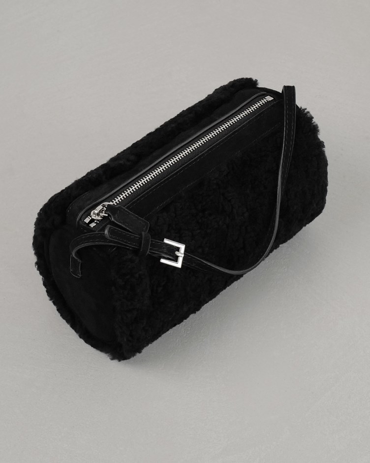 拼接麂皮毛毛圓筒包