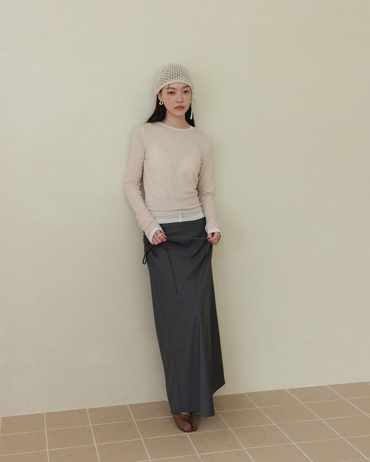 側抽皺綁繩長裙