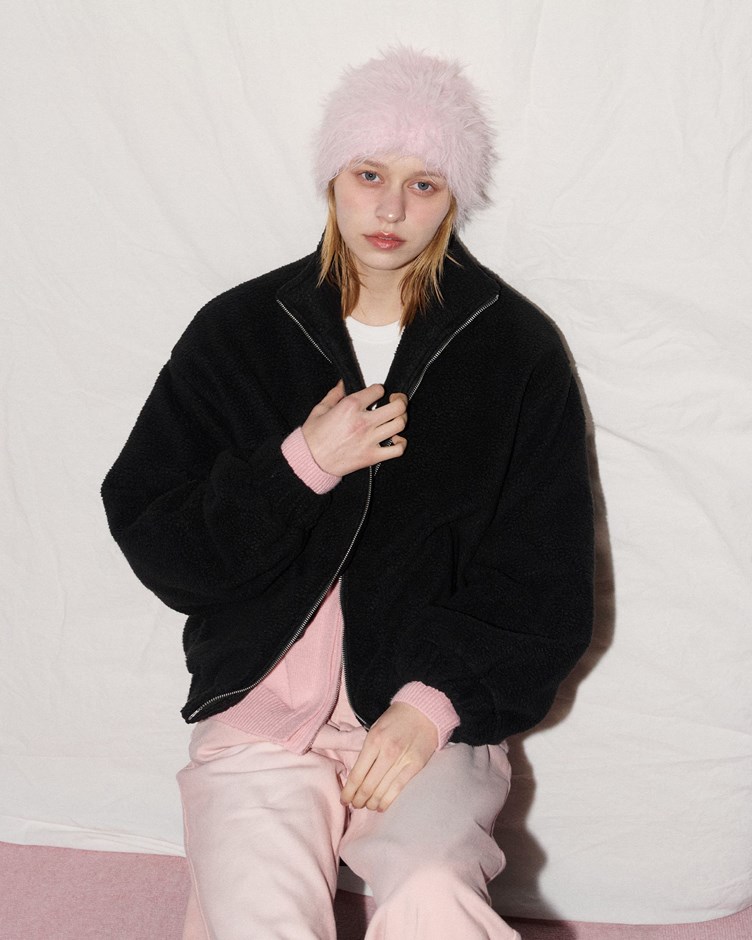 毛絨立領澎袖雙拉鍊外套