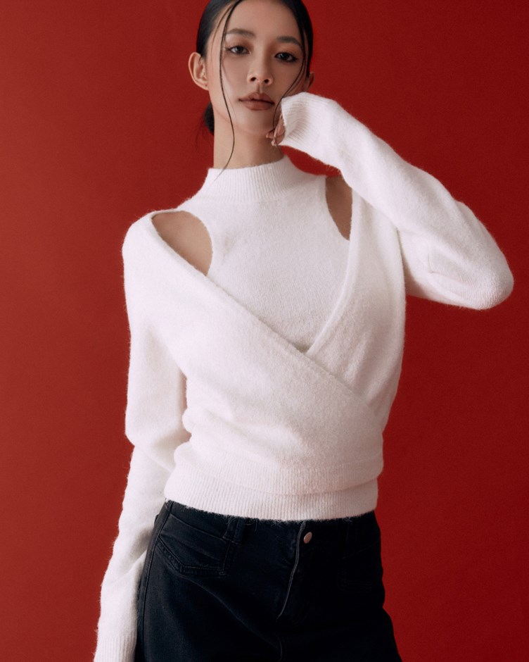 羊駝削肩綁帶針織毛衣