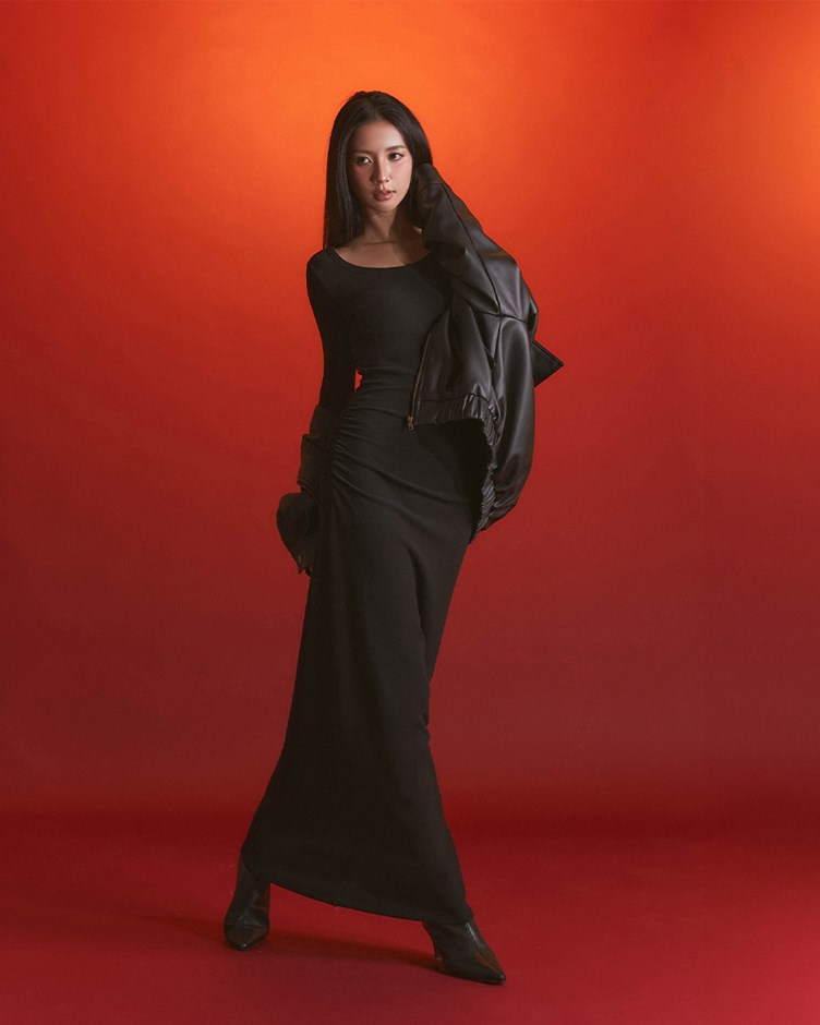 磨毛側抓皺長洋裝