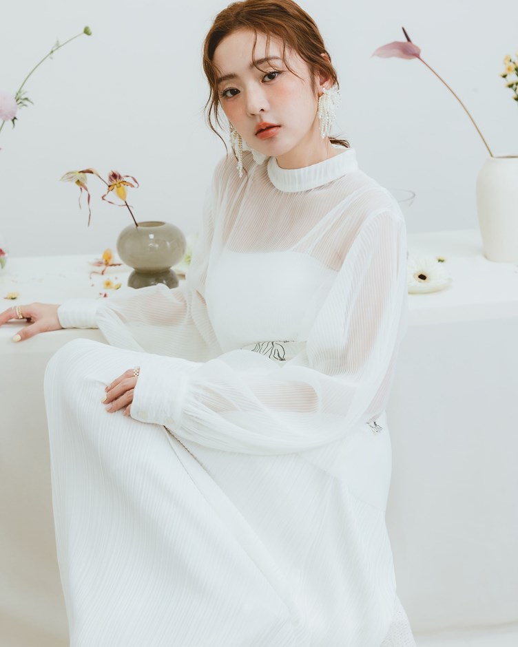 優雅微透細壓摺小高領上衣