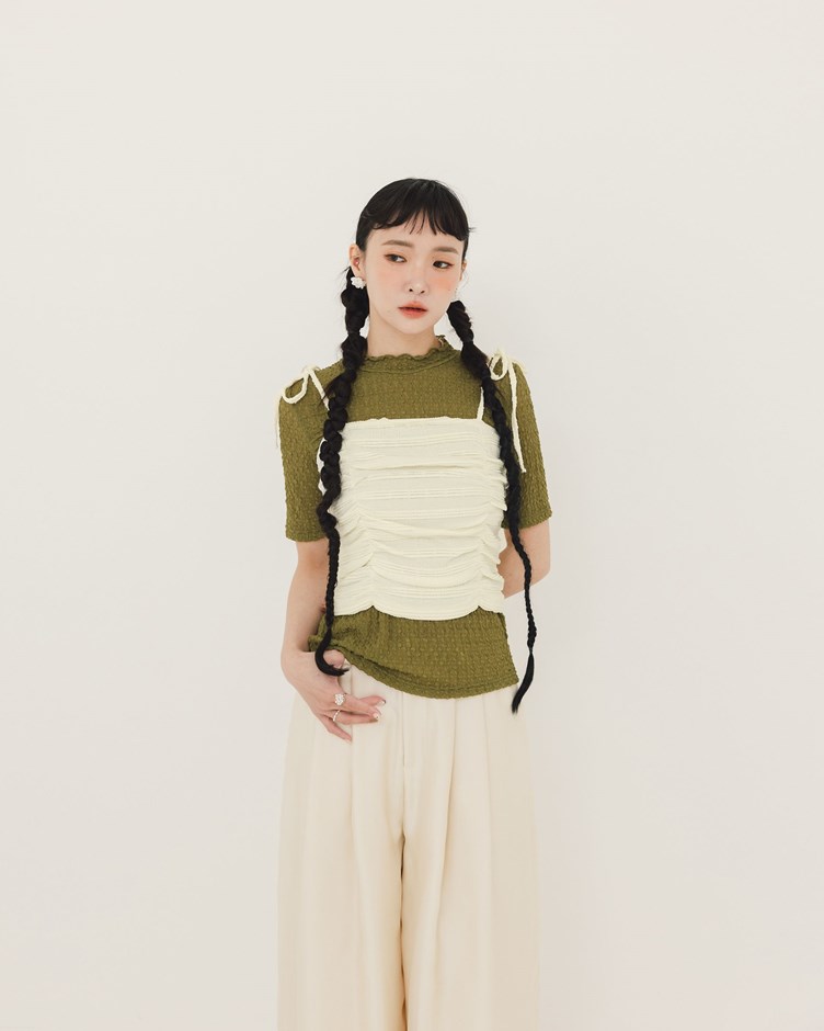 皺皺小高領短袖上衣