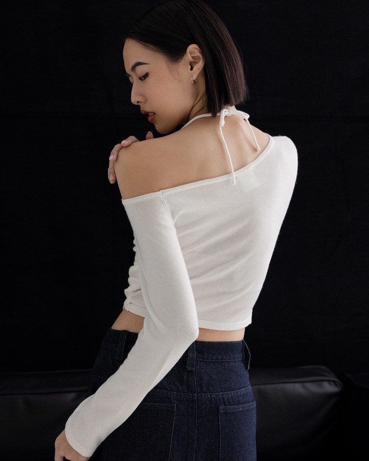 mi斜肩假兩件針織上衣