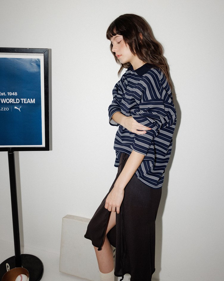 POLO領配色條紋上衣