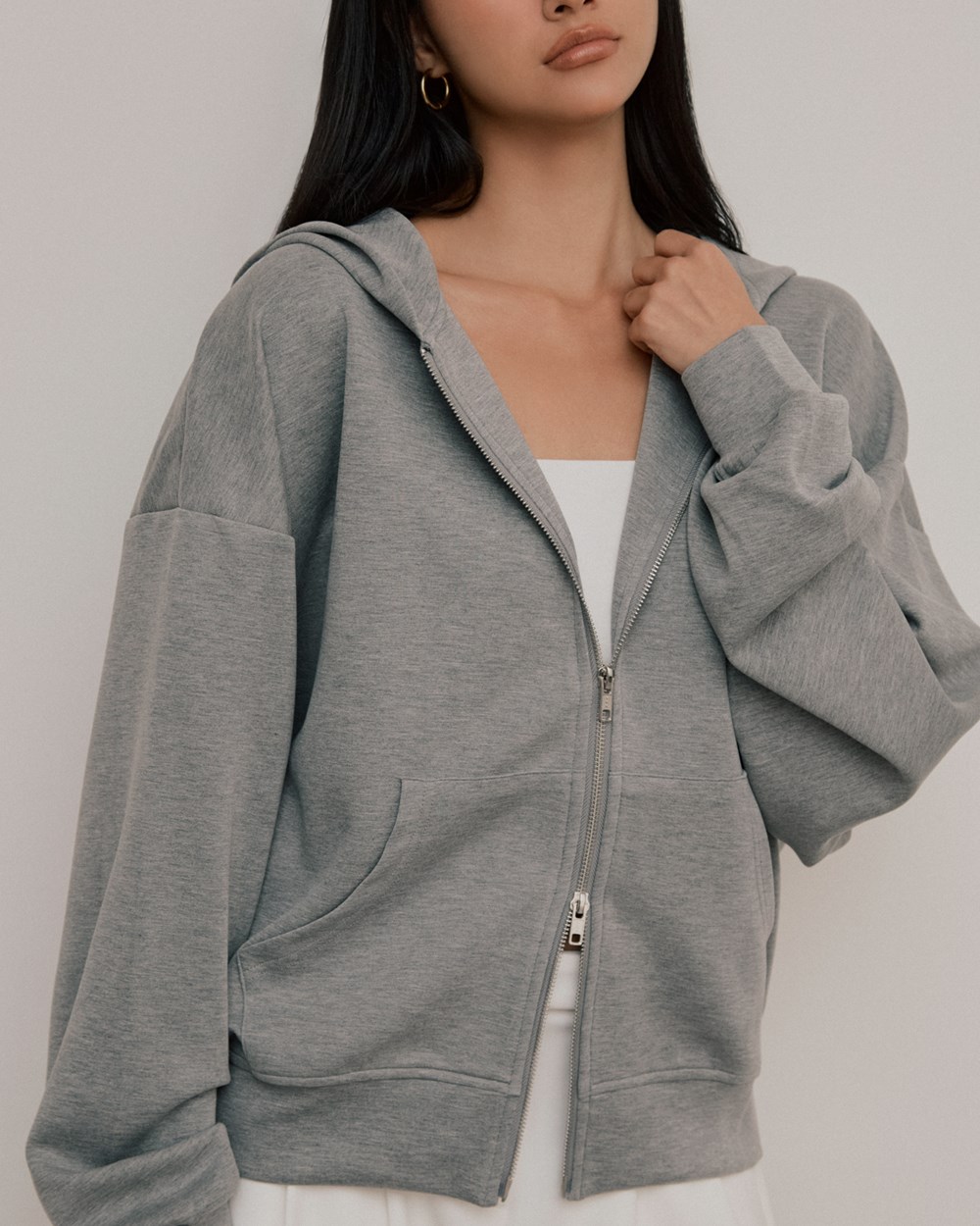 空氣感寬鬆雙拉鍊連帽外套