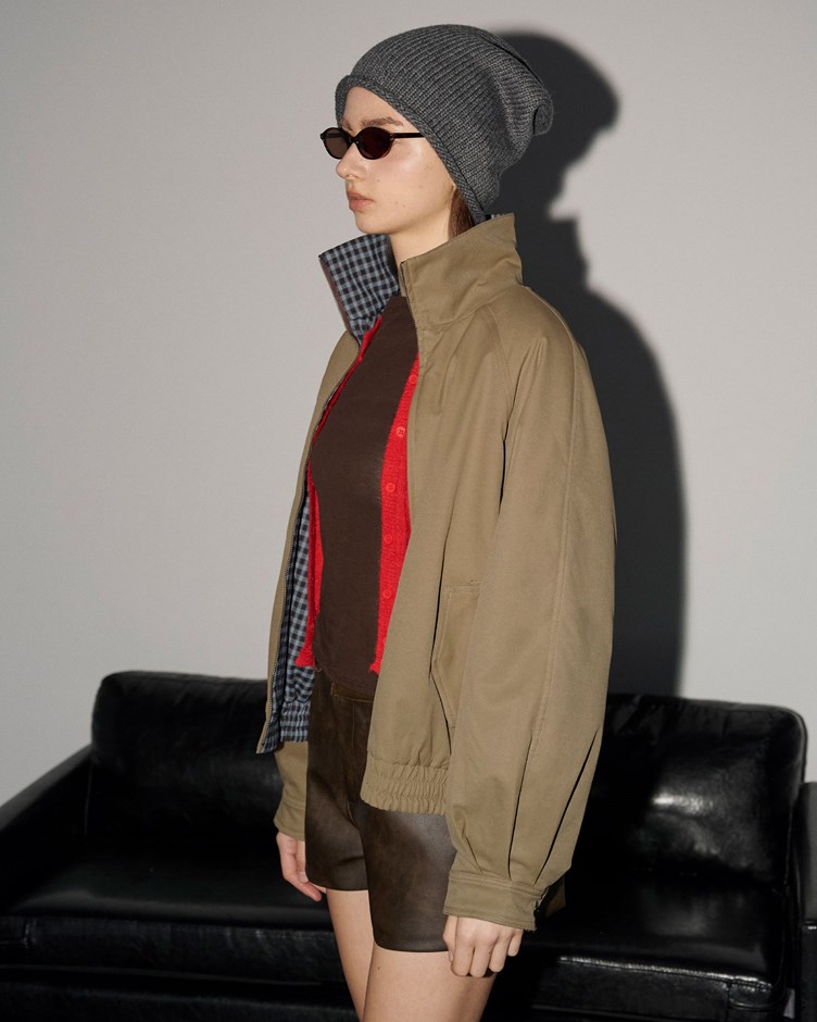 立領雙面配色格紋鋪棉外套