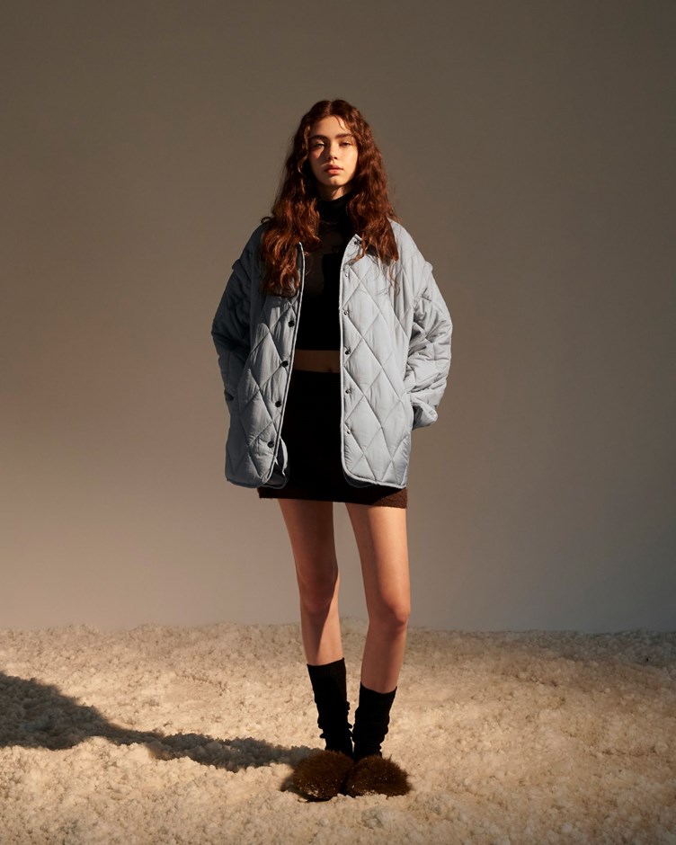 菱格衍縫可拆式翻領鋪棉外套