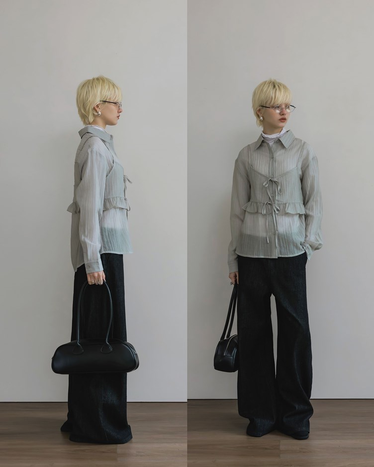 肌理感微透肌兩件式條紋襯衫