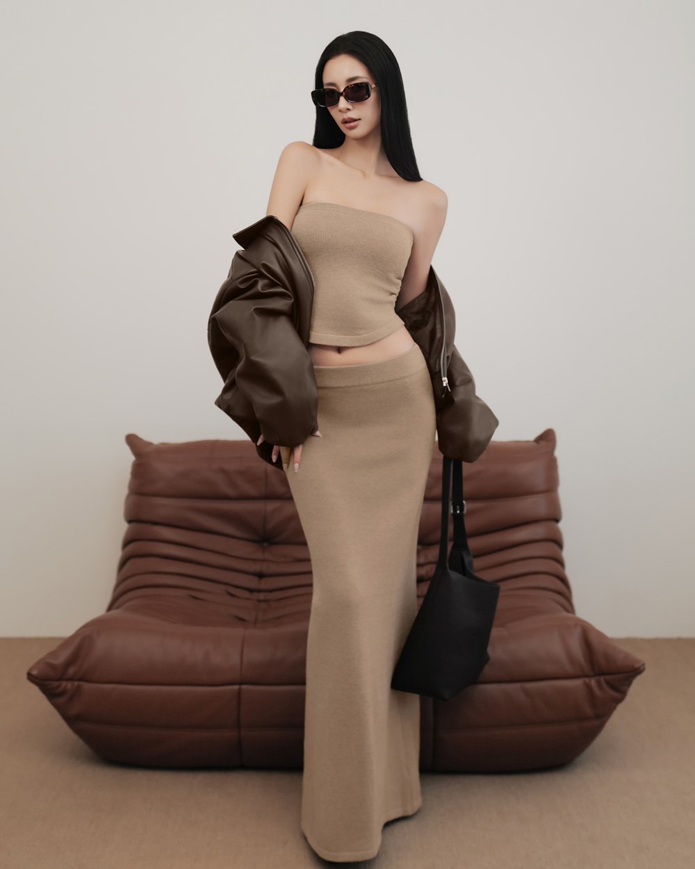 抽皺平口針織長裙套裝