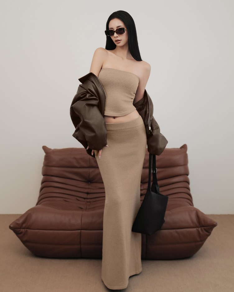 抽皺平口針織長裙套裝