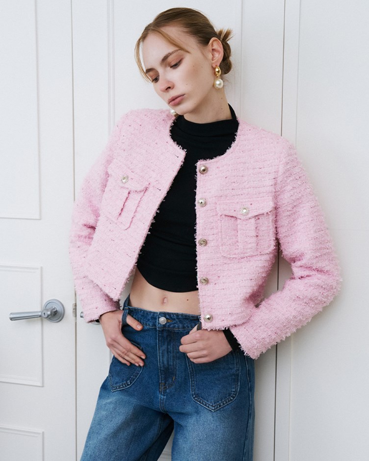 無領口袋小香外套