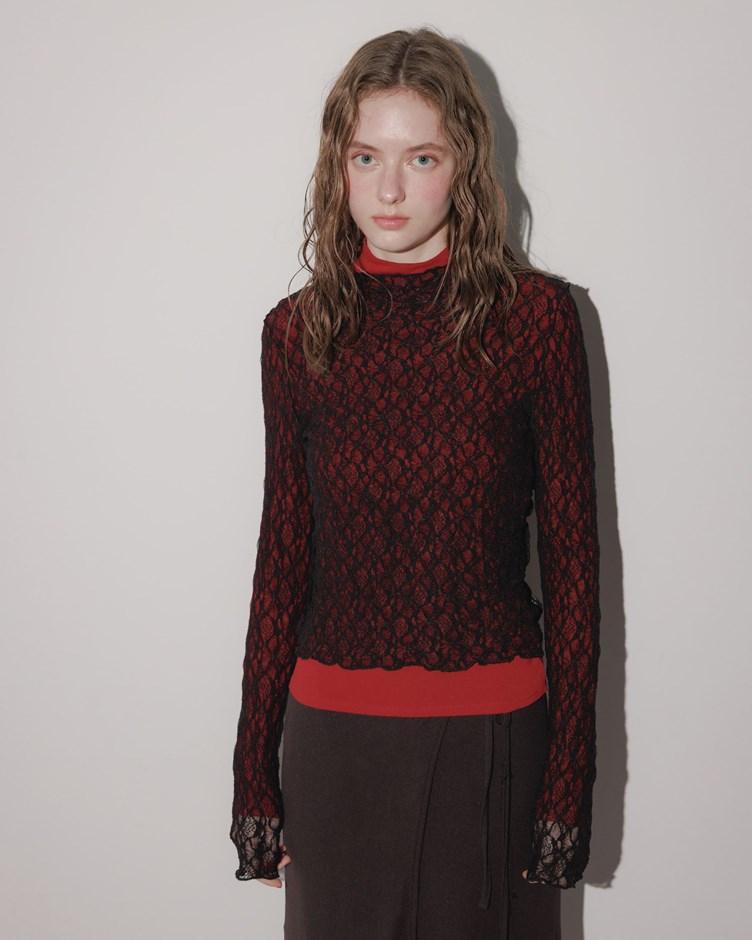 透肌捲邊細褶蕾絲上衣