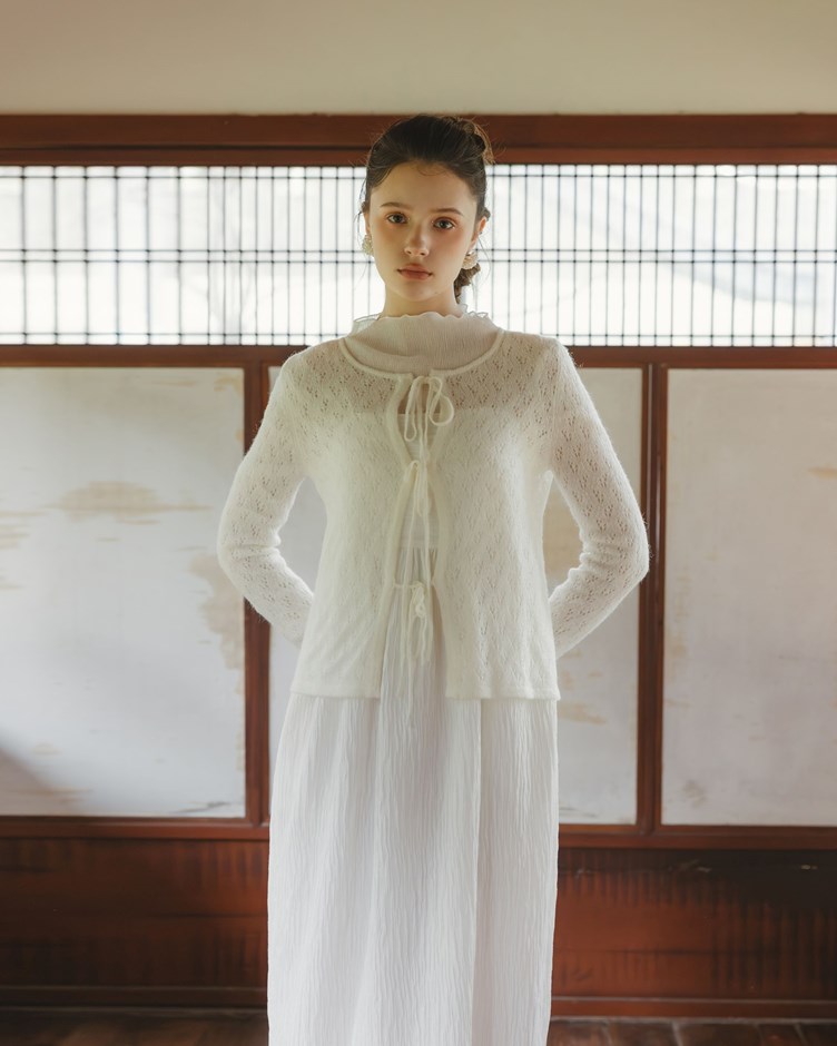 簍空馬海毛綁帶針織上衣