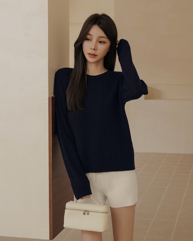 細針羊毛麻花圓領長袖