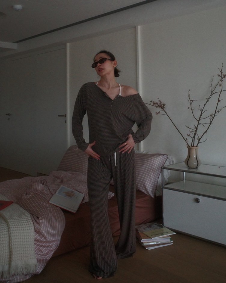 舒適條紋綁帶直筒褲